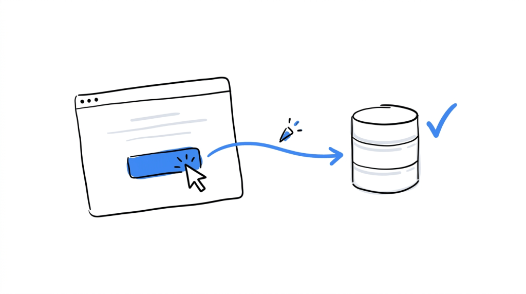 Simple illustration of a cursor clicking a button with a signal flowing into a database, confirmed by a checkmark showing successful event delivery.