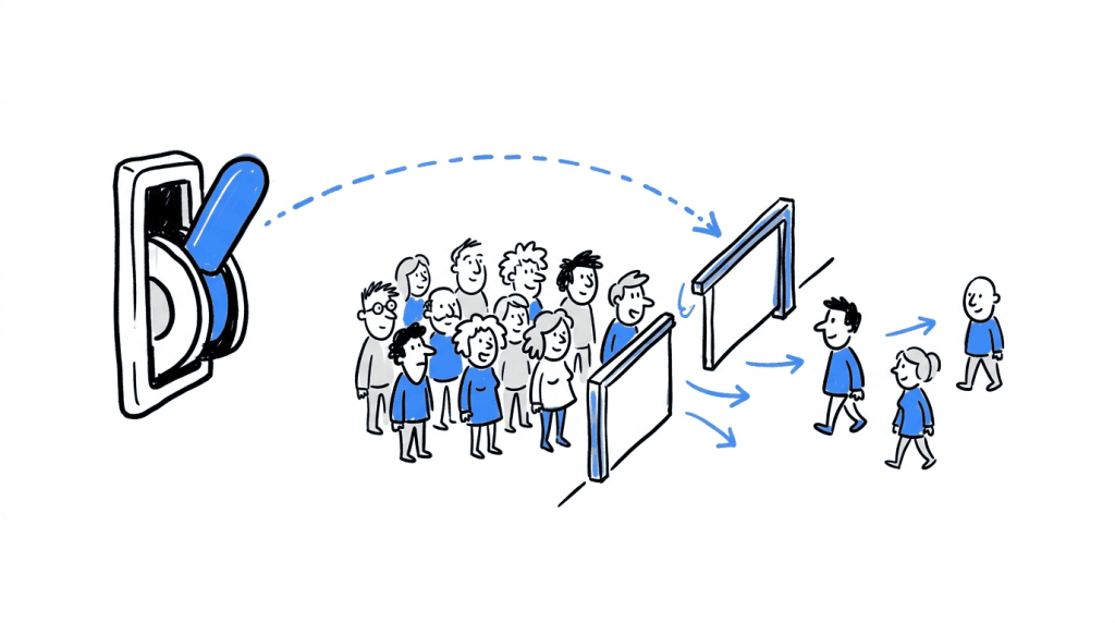 Simple illustration of a toggle switch controlling how many users pass through a gate, showing a staged feature rollout with some users waiting.