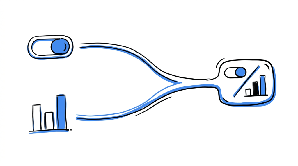 Illustration of two separate paths merging into one combined shape, representing feature flags and A/B testing working together in a single workflow.