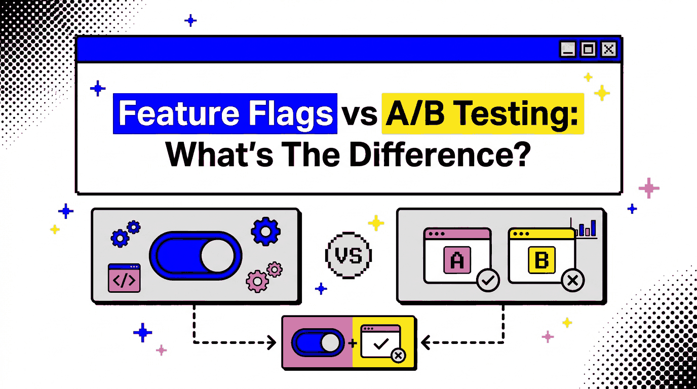 Header illustration comparing a feature flag toggle switch against an A/B test comparison card, with a combined panel showing how both approaches work together.