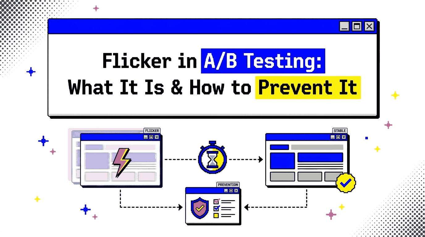 Browser panels contrasting a flickering page that briefly shows original content with a stable final version, connected by a timing checkpoint.