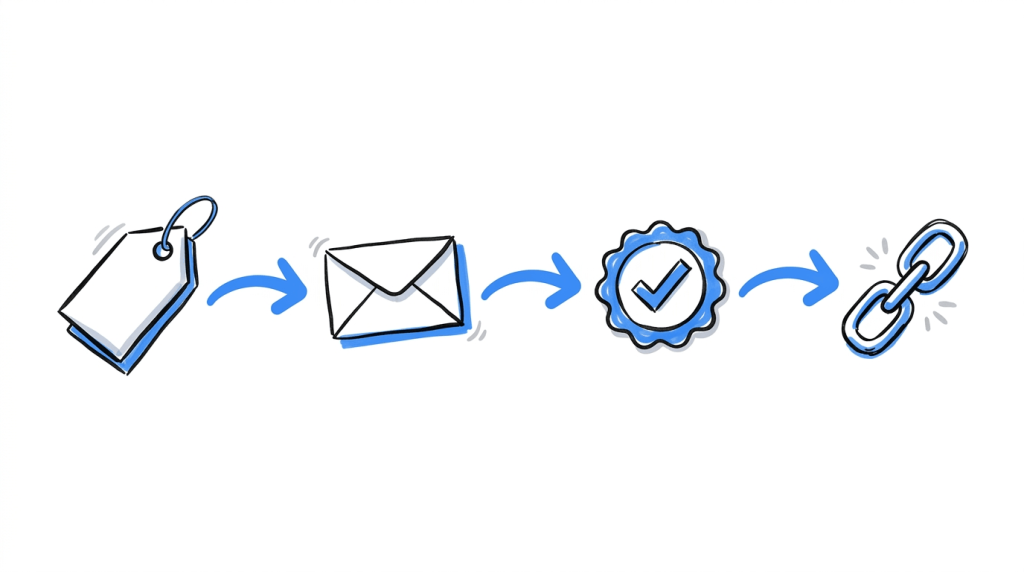 A tag, a data packet, a checkmark, and a chain link connected in sequence, representing the four steps of assigning, passing, recording, and linking a conversion.