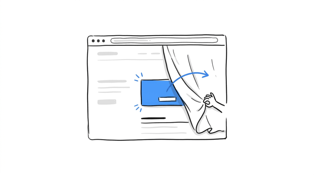 A page element covered by a curtain that is pulled back to reveal the finished variation, illustrating a common flicker-prevention technique.