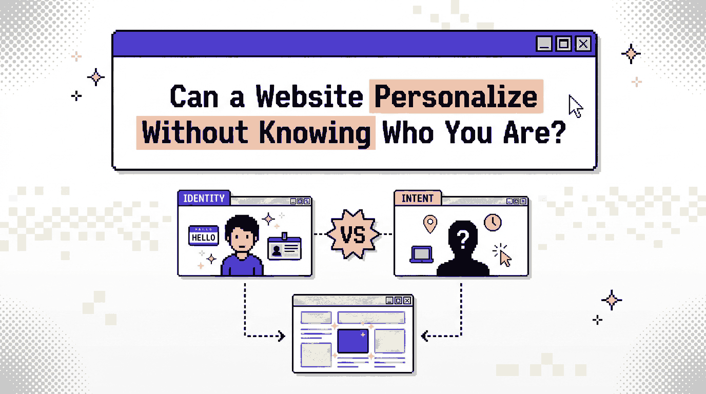 Browser panels comparing personalization based on known visitor identity against personalization inferred from anonymous contextual signals like referrer and device.