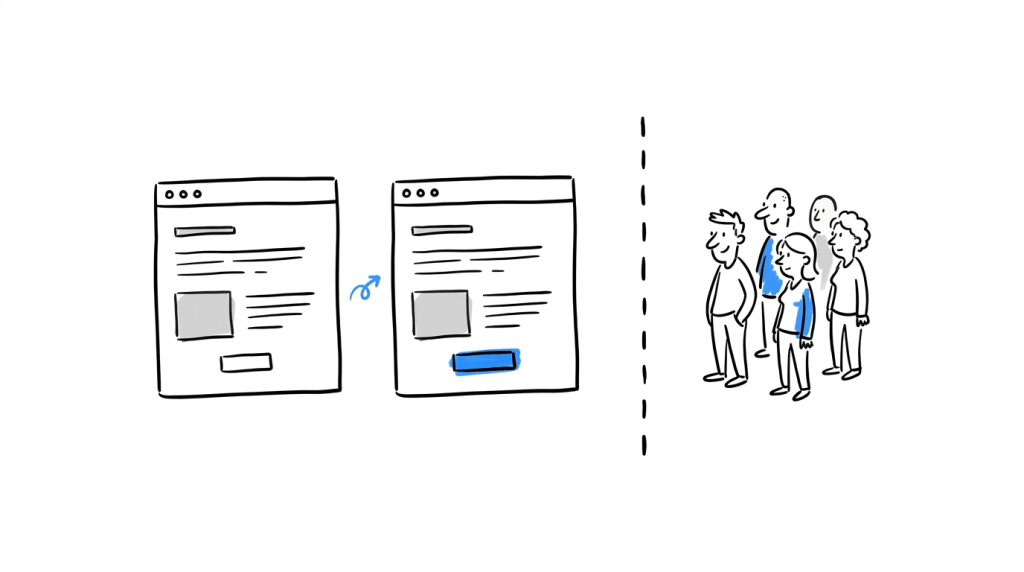 Illustration of two webpage variants with one changed element, next to a separate group representing a holdout, showing isolated A/B testing.