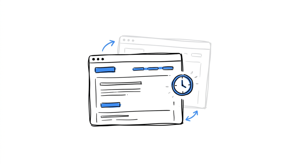 A ghosted duplicate browser window with a clock between the layers, illustrating the brief flash of original content before a test variation appears.