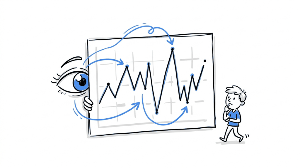 An eye repeatedly checking a zigzagging line chart, illustrating the peeking problem of reviewing results before they stabilize.