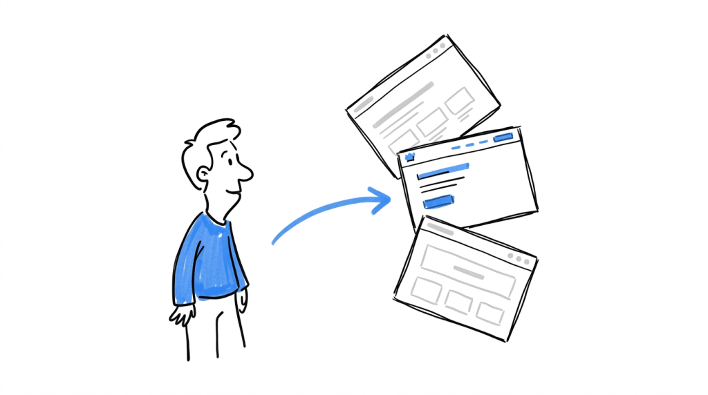 Illustration of a globe sending out arrows to different webpage cards, representing how localization adapts a website for different markets.