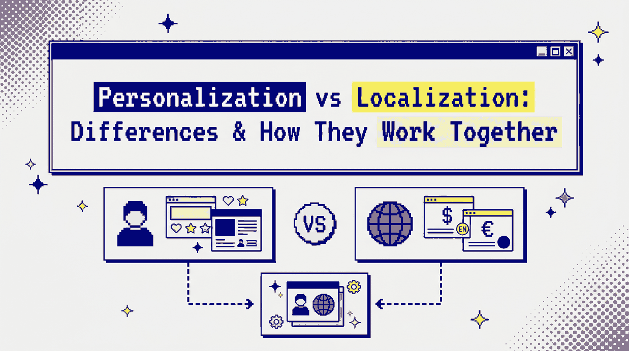 Header illustration contrasting a personalization panel with a user icon against a localization panel with a globe icon, plus a combined panel below.
