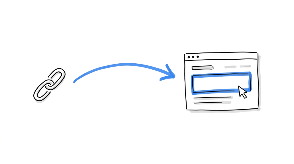 Simple journey illustration showing a visitor arriving from a referral link and landing on a webpage with one highlighted, tailored content section.