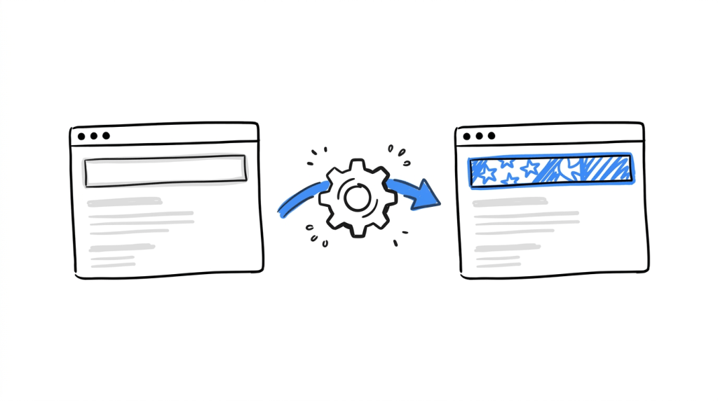 A generic banner element being automatically swapped for a more relevant one through a simple rule or AI engine between two webpage states.