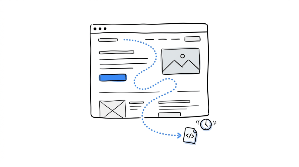 A script icon traveling down a dotted arrow toward the bottom of an already-rendered page, representing experimentation code arriving too late.
