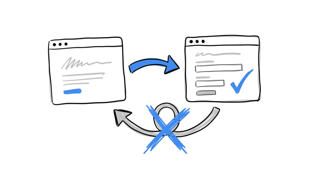 Illustration of two webpage cards connected by a redirect arrow and a form with a checkmark, with a crossed-out loop warning against redirect loops.