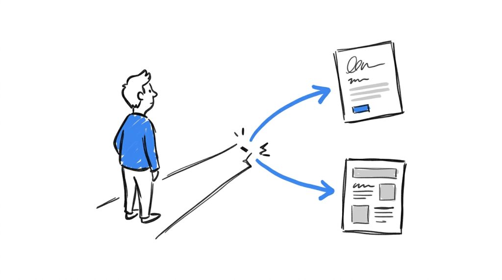 A visitor at a decision point with two diverging paths, illustrating the mismatch between stated intent and actual behavior.