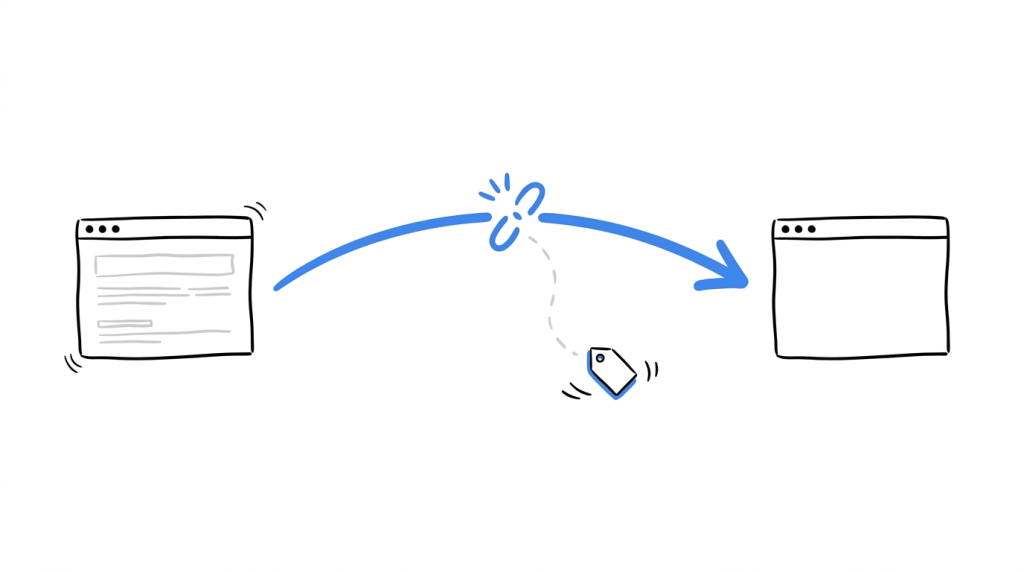 A tag icon falling away mid-journey between two browser windows, illustrating how a tracking parameter can be lost when a visitor moves between domains.
