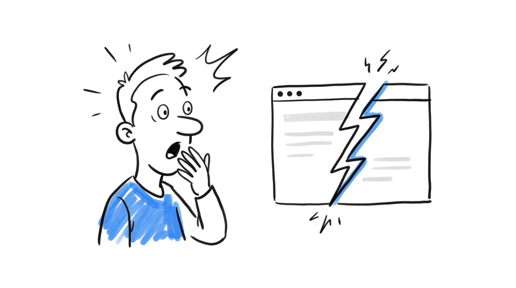 A surprised visitor looking at a browser window with a jagged crack mark, representing someone noticing a sudden visual change during a test.