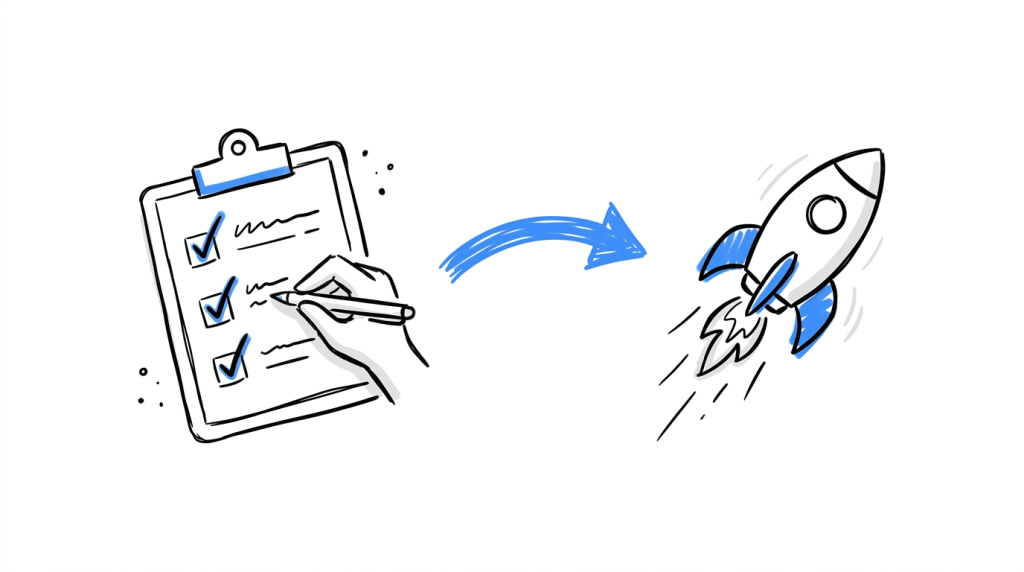A checklist leading to a launch icon, representing stopping rules written into the experiment brief before it goes live.